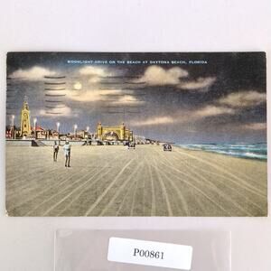 Moonlight Drive on the Beach At Daytona Beach Florida 1940s Linen Postcard 1951